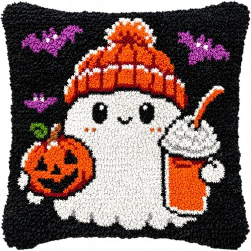 Ylkgogo Latch Hook Pillow Kit for Adults Beginners DIY Throw Pillow Cover Crochet Yarn Kits Printed Canvas Sofa Decor 17 X 17Inches(Ghost)