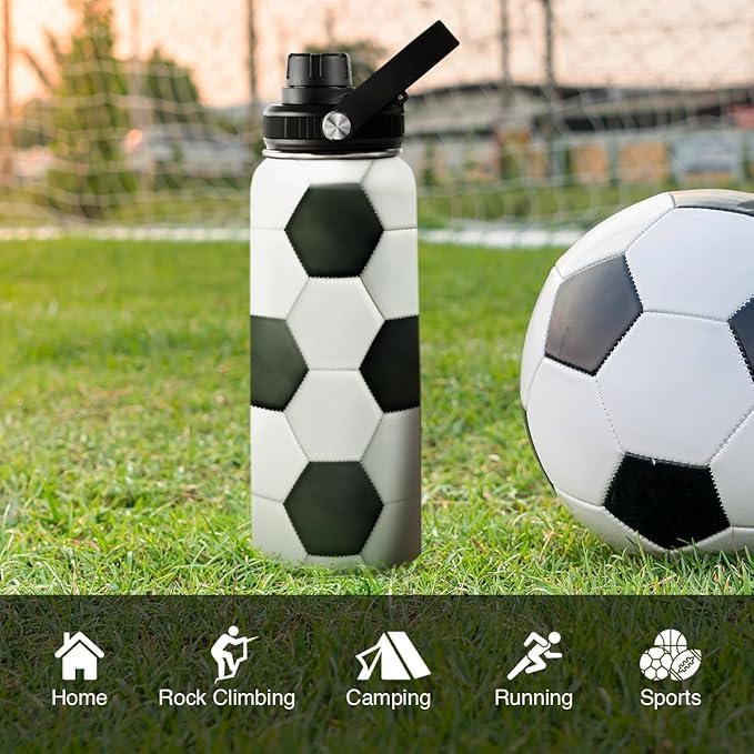 Soccer Water Bottle with Lid - 32oz Insulated Stainless Steel Sport Bottles - Men Soccer Player Fan Coach