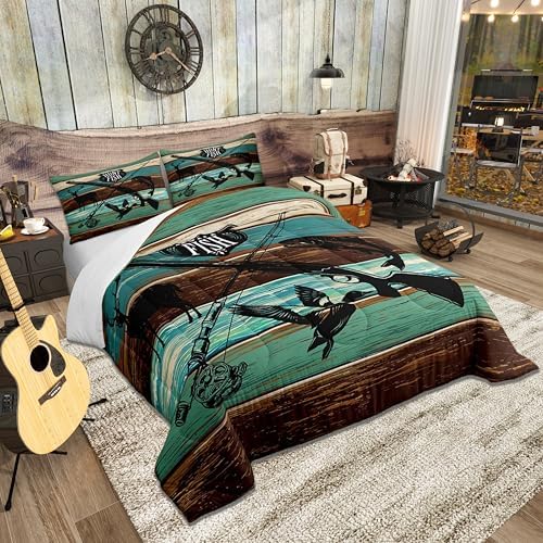 Kids Wild Animal Hunting Bedding Set for Boys Girls,Hunt Fish Themed Retro All Season Cozy Comforter Set Home Decor,Farmhouse Rustic Wooden Board Duvet Set for Chic Birthday Gift, Full Size