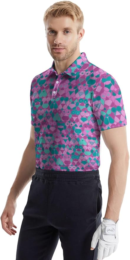 HUURAY Funny Golf Polos for Men Funny Print Short Sleeve Shirts Quick Dry Polo Shirts Hawaiian Shirt Performance Golf Outfits