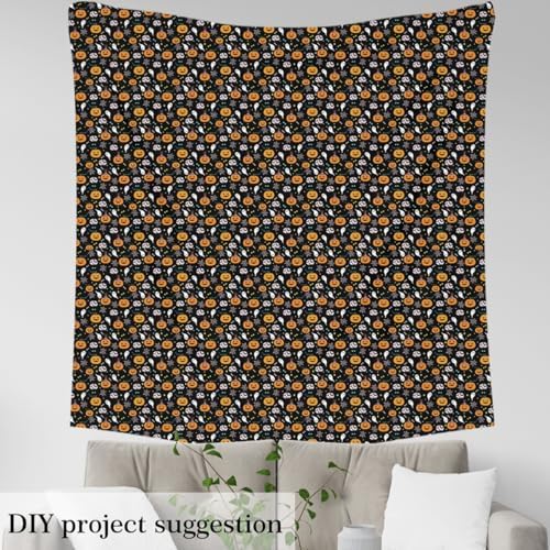 Feelyou Black Halloween Soft Flannel Fabric by The Yard Kids 1 Yard Cute Ghost Bat Spider Web Upholstery Fabric Pumpkin Candy Spooky Trick or Treat for Home DIY Projects, Indoor Decor