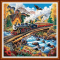 Joyhoor Stamped Cross Stitch Kits for Beginners Needlepoint Kits for Adults Embroidery Kits 11CT Counted Cross Stitch Kits Printed Embroidery Pattern-Forest Train Scenery 18x18 inchs