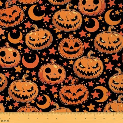 Halloween Fabric by The Yard Cartoon Hippie Gothic Style Pumpkin Fabric for Kids Sewing Lovers Cute Starry Stars Moon Soft Polyester No Stretch 5 Yards,180" Lx59 W Orange Black