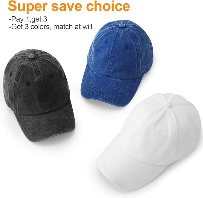 MEINICY 3 Packs Washed-Cotton Plain Baseball Cap, Vintage Adjustable Dad Hats Gift for Men/Women,Unstructured
