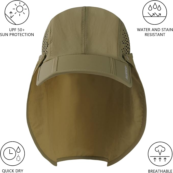 BASSDASH UPF 50+ Foldable Fishing Hat Baseball Cap with Removable Neck Flap Portable for Men Women Golf Hiking