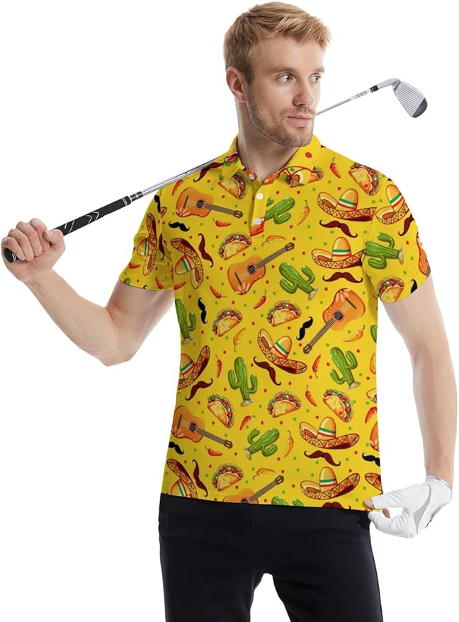 HUURAY Funny Golf Polos for Men Funny Print Short Sleeve Shirts Quick Dry Polo Shirts Hawaiian Shirt Performance Golf Outfits