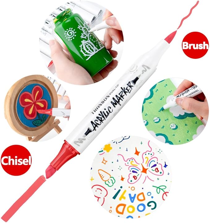 TRANSON 24 Colors Chisel and Brush Dual-tip Acrylic Paint Marker Pen Set - Image 3