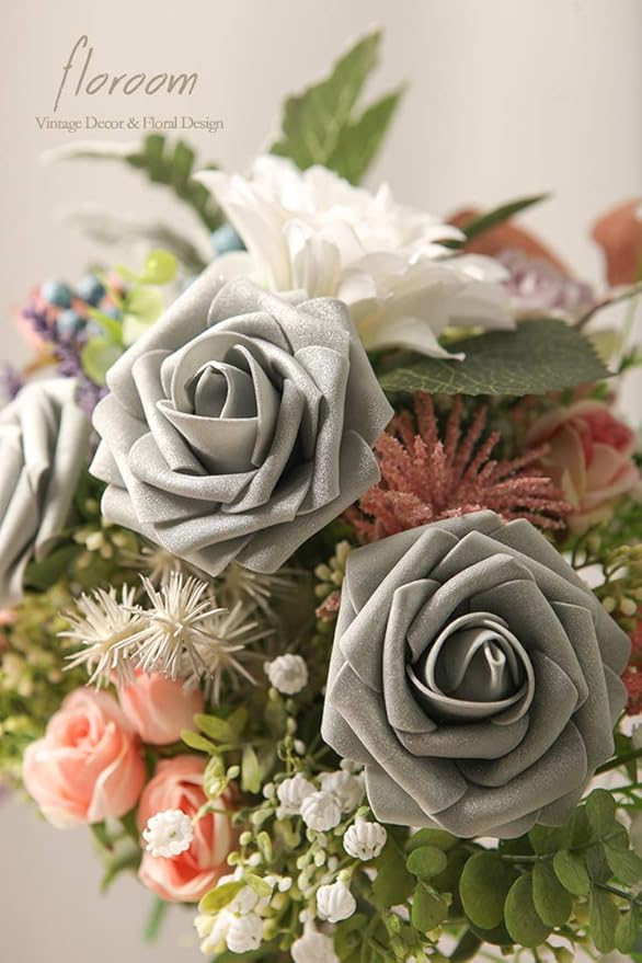 Floroom Artificial Flowers 50pcs Real Looking Shimmer Silver Grey Foam Fake - Image 2