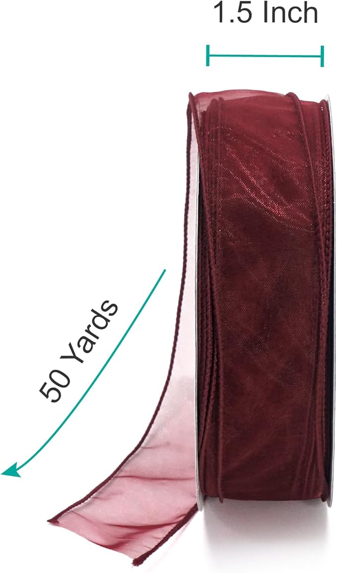 CT CRAFT LLC Sheer Organza Wired Ribbon 1.5" x 50Yards Burgundy - Image 2