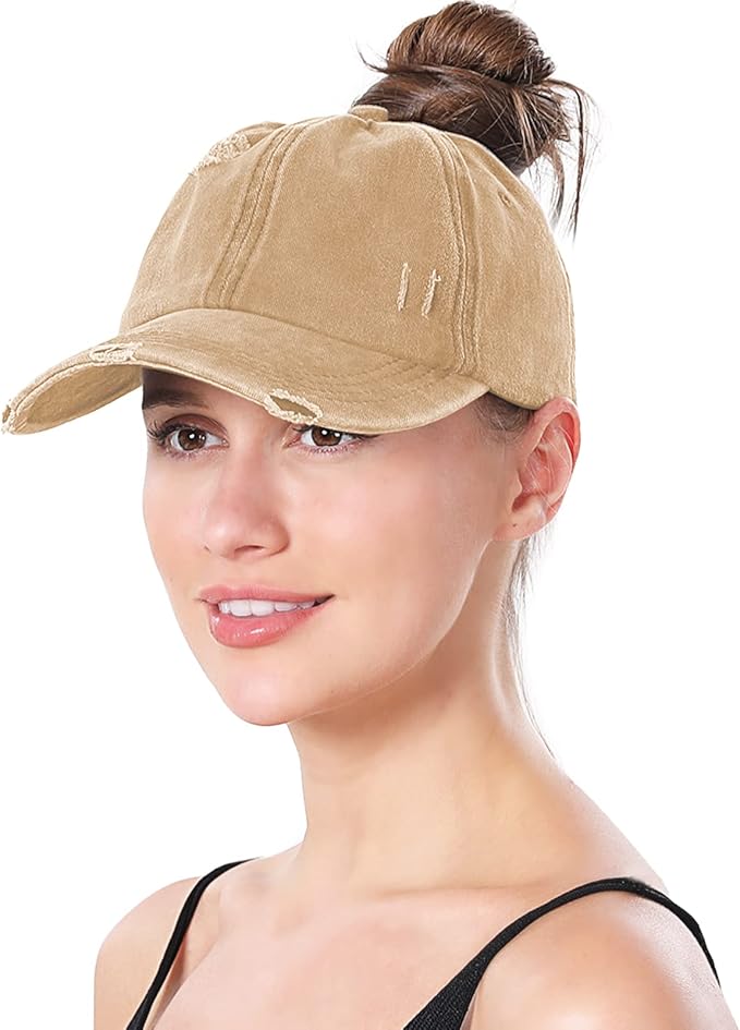 Criss Cross Ponytail Hat Women Washed Distressed Baseball Caps Adjustable High Messy Bun Ponycap
