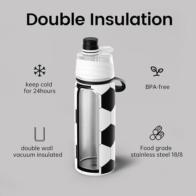 Soccer Water Bottle - 20oz Insulated Misting Water Bottles Stainless Steel 3D Textured - Soccer Accessories Gift for Kids