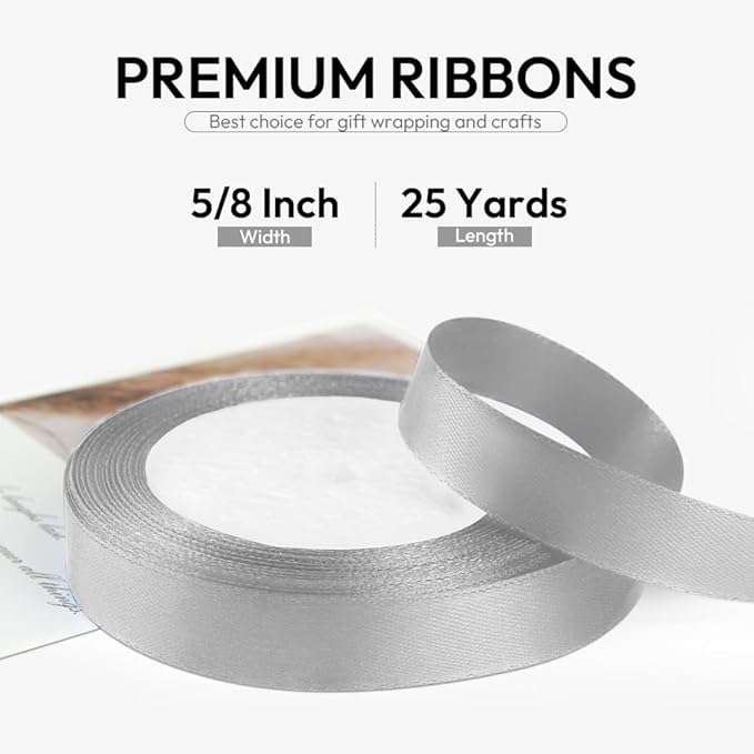 5/8 Inch 25 Yards Satin Ribbon Silver, Solid Color Fabric Ribbon - Image 2