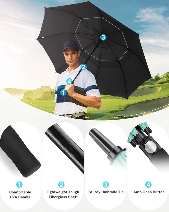 Gonex 54/62/68/72/80 Inch Extra Large Golf Umbrella, Automatic Open Travel Rain Umbrella with Windproof Water Resistant Double Canopy, Oversize Vented Umbrellas for 2-3 Men and UV Protection, Multiple Colors