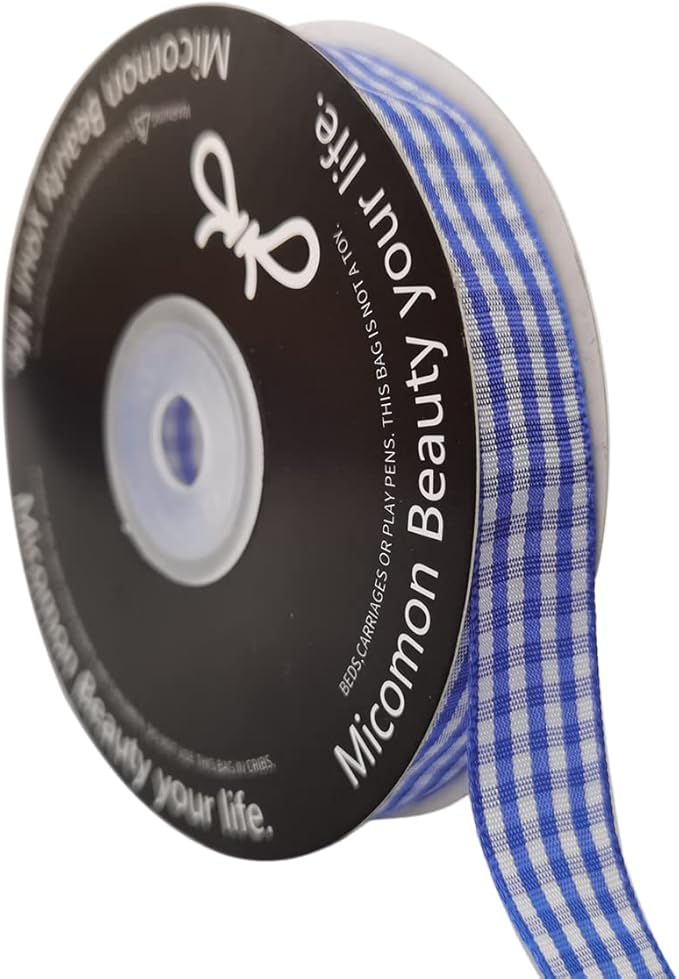 Blue and White Woven Edge Plaid Ribbon 100% Polyester Gingham Ribbon 25 Yards by Micomon