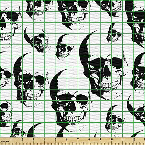 Lunarable Skull Fabric by The Yard, Skulls Pattern Monochrome Detailed Sketch Human Skeleton Head Fear Halloween Theme, Decorative Fabric for Upholstery and Home Accents, 1 Yard, White Black