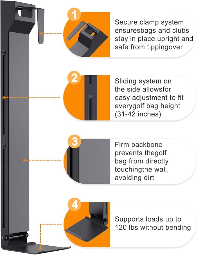 Golf Bag Wall Mount,Golf Bag Holder for Garage,Golf Bag Storage Rack,Golf Bag Organizer for Garage,Golf Bag Stand for Home Basement,Height Adjustable,Great Gilf for Golf Enthusiasts, Black