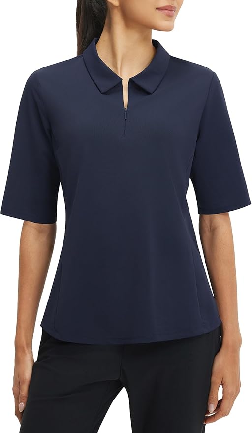 baleaf Women's Golf Shirts Half Sleeve Elbow Length Sleeves Polo Tops Workout Athletic Collared Quarter Zip V Neck UPF