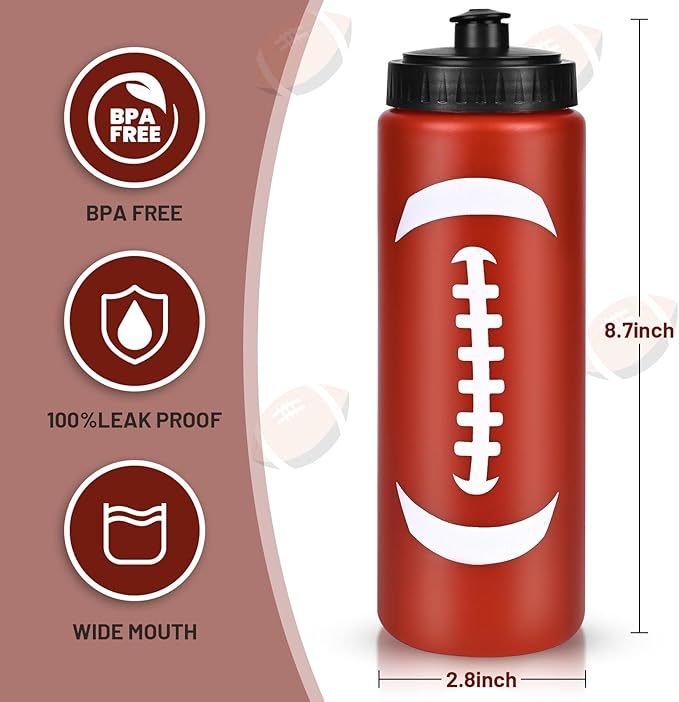 Football Party Favors, 12 Pack Football Water Bottles with 300 PCS Stickers, 20 oz Sports Squeeze Bottle, BPA-Free Reusable Water Bottles Bulk for Boys, Gifts For Team