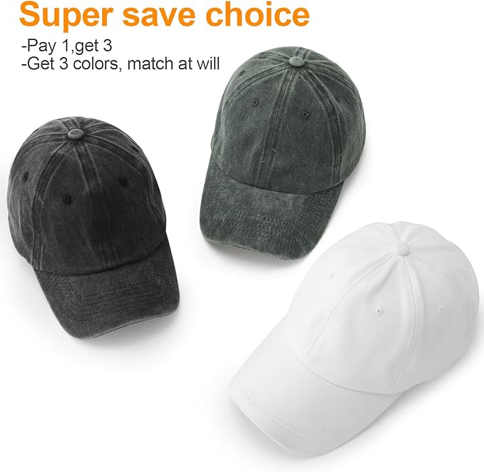 MEINICY 3 Packs Washed-Cotton Plain Baseball Cap, Vintage Adjustable Dad Hats Gift for Men/Women,Unstructured