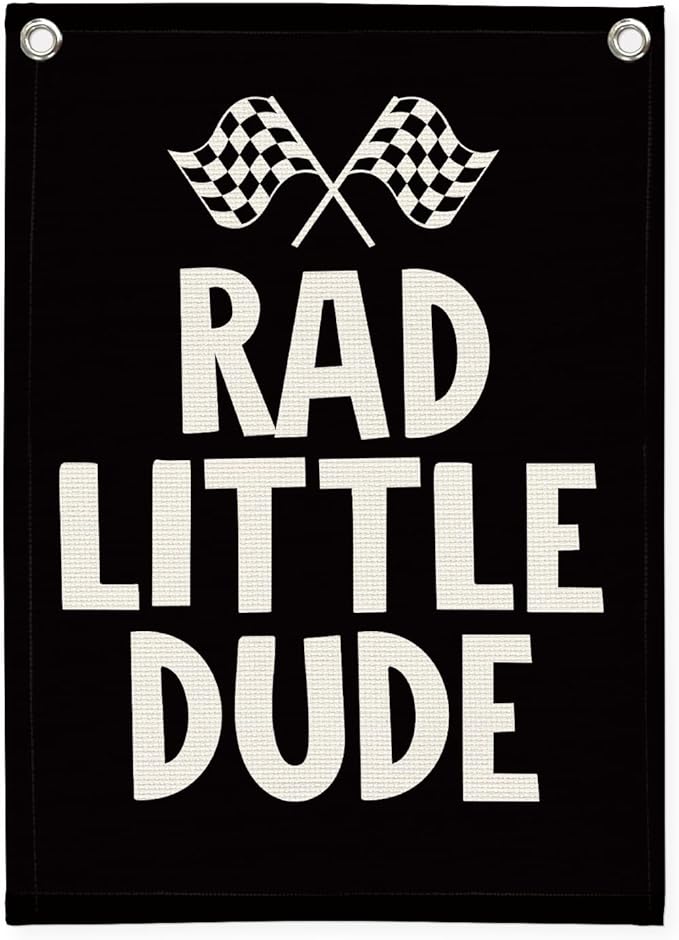 Race Car Room Decor, Rad Little Dude Linen Canvas Banner by Unknown
