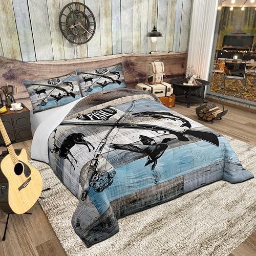 Hunt Fish Bedding Comforters Queen Size,Deer Bird Fish Animal Hunting Comforter Set Adult Women Room Decor,Rustic Retro Wooden Board Soft Duvet Set with 2 Pillowcases,3Pcs