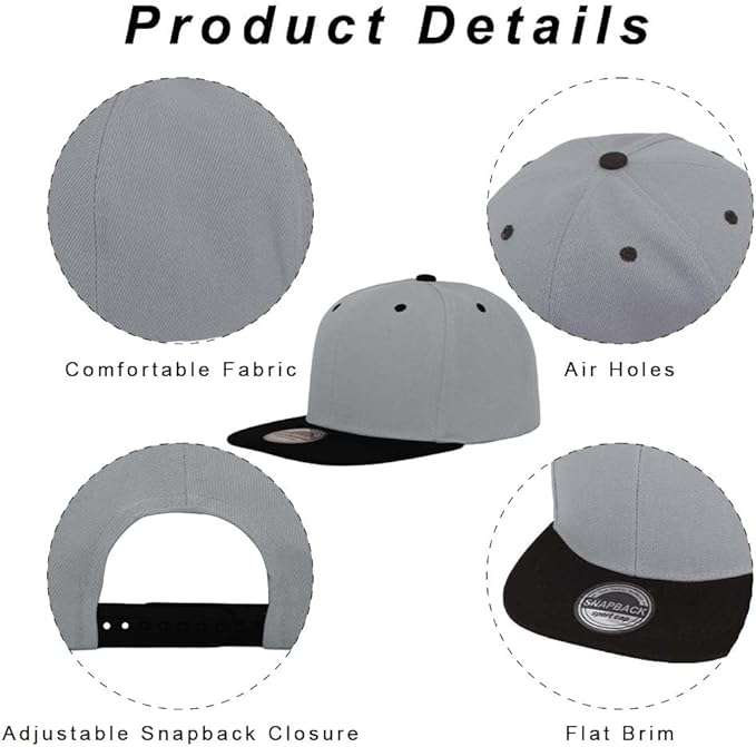 ZH Plain Flat Brim Snapback Baseball Caps Adjustable Blank Baseball Caps Wholesale 12 Pack