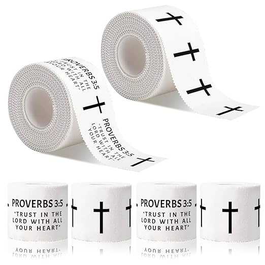 Yigney 4 Pack Christian Athletic Tapes Religious Sport Tape Bible Verse Wrist Tape Cross White Tapes for Sports Gymnastics Tennis 2IN X 23FT