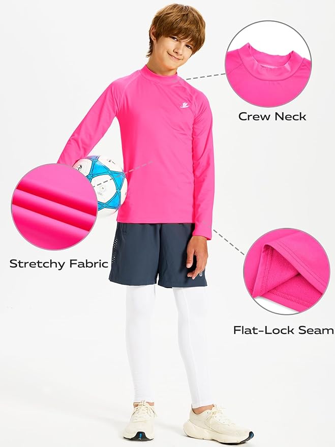 DEVOROPA Youth Boys Compression Thermal Shirt Long Sleeve Kids Fleece Baselayer Soccer Baseball Undershirt Slim/Regular/Husky