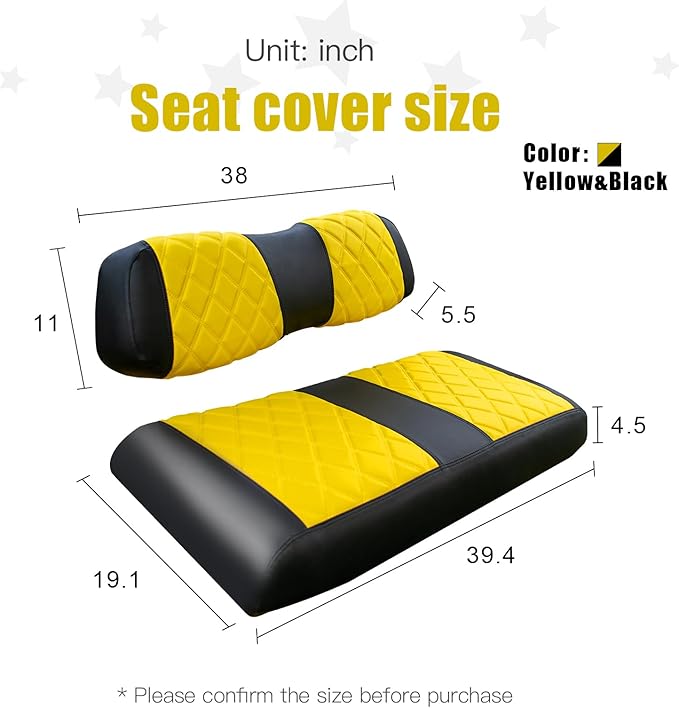 NOKINS Golf Cart Club Car DS 2000.5-Up Diamond Seat Covers Kit, Fits Club Car DS OEM Standard Front Seat Cushion, Golf Cart Vinyl Seat Cover, No Nails Required (Yellow and Black)
