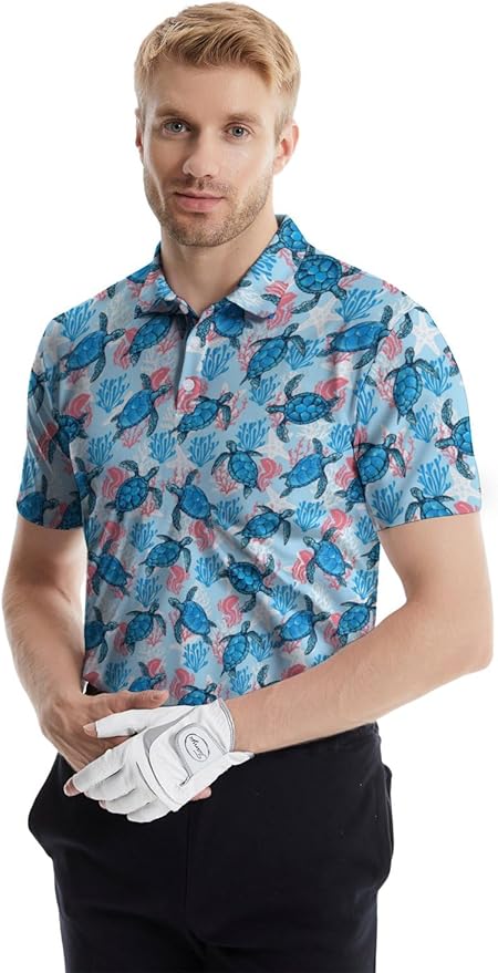 HUURAY Funny Golf Polos for Men Funny Print Short Sleeve Shirts Quick Dry Polo Shirts Hawaiian Shirt Performance Golf Outfits