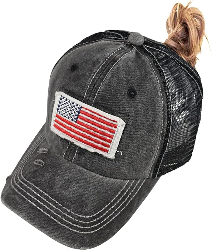 Women American Flag Ponytail Hat, Embroidery Adjustable Washed Distressed Messy Bun Baseball Cap …