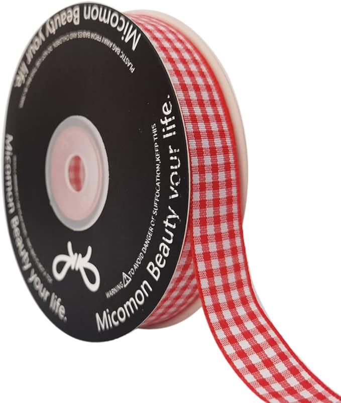 Red and White 100% Polyester Gingham Ribbon 25 Yards Each Roll by Micomon
