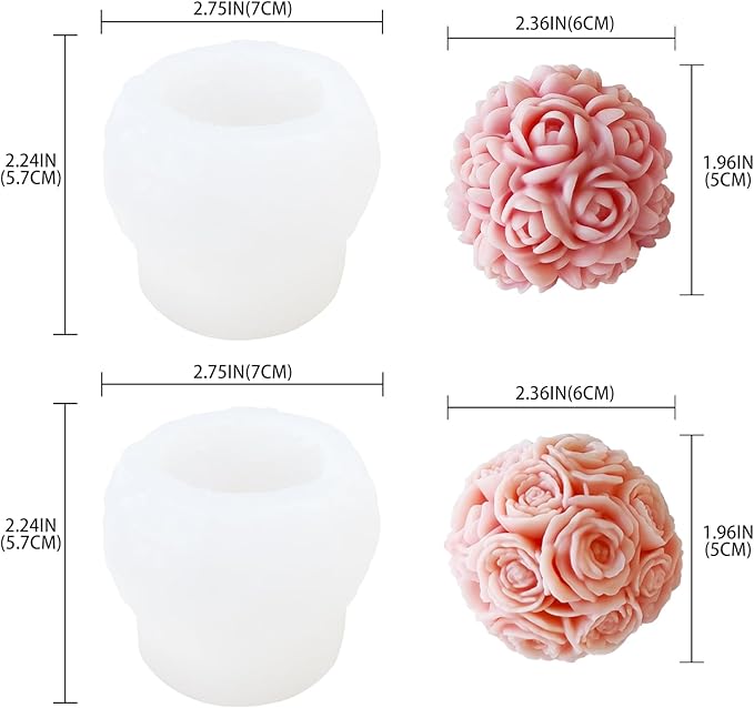 JDH 2 PCS Rose Ball Round Candle Mold 3D Rose Flowers Silicone Mold Flower - Image 2