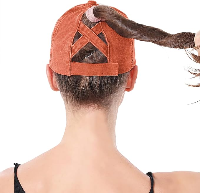 Womens Criss Cross Ponytail Baseball Cap Distressed Ponytail Hat High Messy Bun Trucker Ponycap for Outdoor Sports