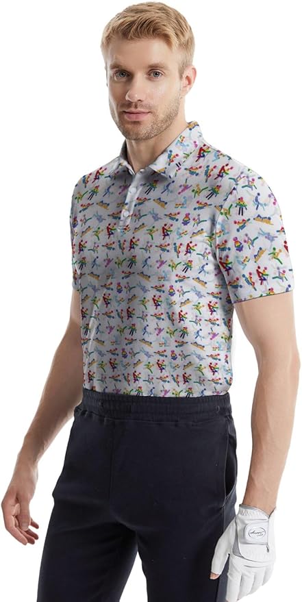 HUURAY Funny Golf Polos for Men Funny Print Short Sleeve Shirts Quick Dry Polo Shirts Hawaiian Shirt Performance Golf Outfits