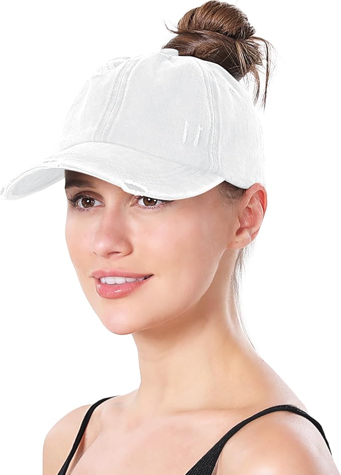 Criss Cross Ponytail Hat Women Washed Distressed Baseball Caps Adjustable High Messy Bun Ponycap