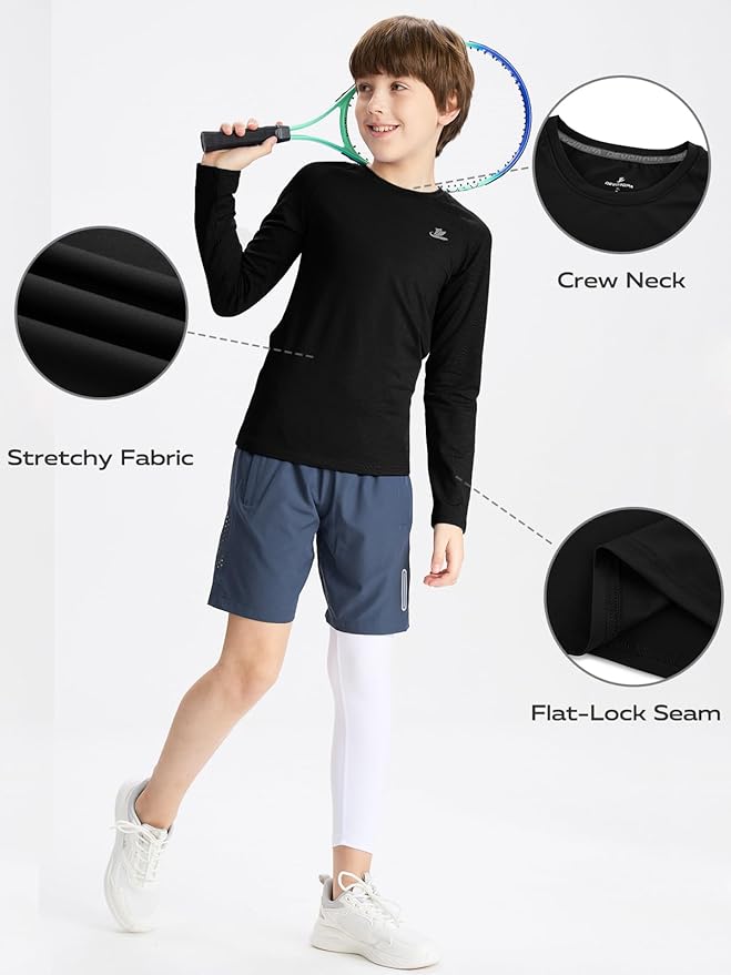 DEVOROPA Youth Boys Compression Shirt Long/Short Sleeve Football Baseball Undershirt Quick Dry Kids Sports Baselayer Crewneck