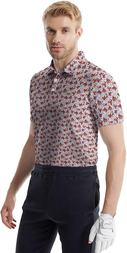 HUURAY Funny Golf Polos for Men Funny Print Short Sleeve Shirts Quick Dry Polo Shirts Hawaiian Shirt Performance Golf Outfits