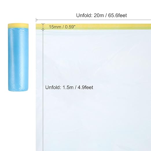uxcell Pre-Taped Masking Film, 4.9ft x 66ft High-Tack Painters Tape Plastic - Image 2