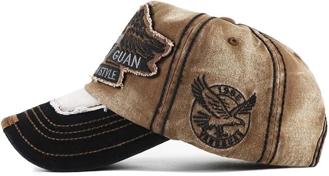 Elwow Men's Oilcloth Front Decor Washed Distressed Embroidery Baseball Cap Driver Trucker Hat with Eagle & Shark Patch