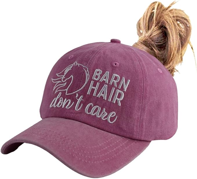 Barn Hair Don't Care Ponytail Hat, Embroidered Adjustable Cotton Baseball Cap, Horse Lovers Gifts for Girls Women