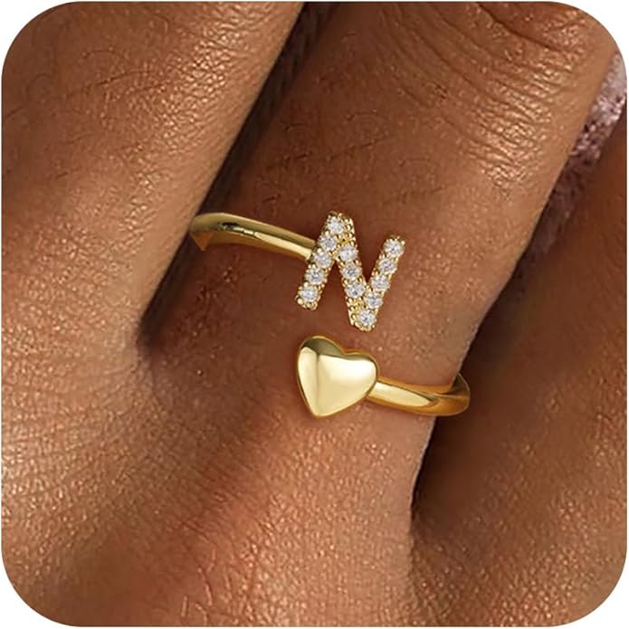 Gold Initial Rings for Women Girls, Dainty 14K Gold Plated Adjustable Initial by FezodoJewelry