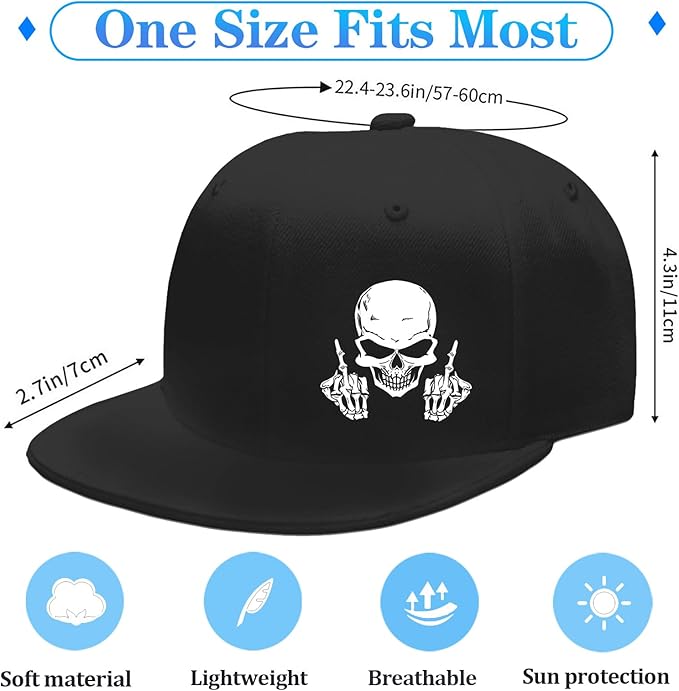 Snapback Hats for Men Flat Bill Hats for Men Black SkullHat Flat Brim Hat Fitted Hats Baseball Caps