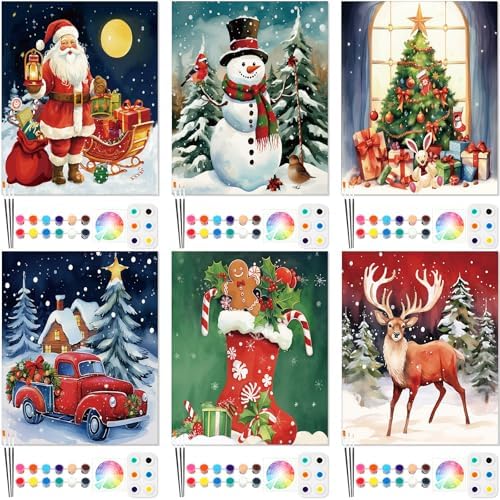 Dinifee 6 Pack Pre Drawn Canvas for Painting Pre Printed Canvas Kit 8 x 10 Inch Stretched Cotton Paint and Sip Set for Adults Couple Party Graduation Summer Date Night(Christmas Day)