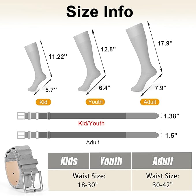 XZQTIVE Baseball Softball Socks and Baseball Softball Belt Combo Set Knee-High Soccer Socks for Kids Youth Adult