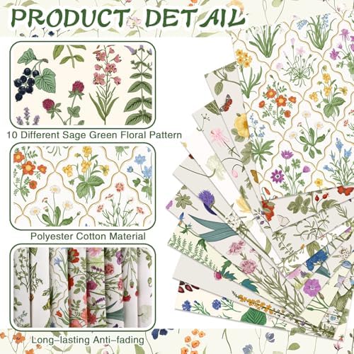 Hahafelt 10 Pcs Botanical Wildflower Quilting Fabric Bundles 20 x 20 Inch