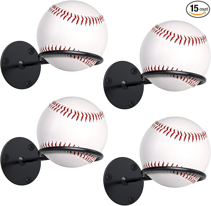 Threan Baseball Display Holder for Wall, Metal Softball Memorabilia Wall Mount Rack, Heavy Duty Sports Theme Decor for Office, Garage and Man Cave (Black)