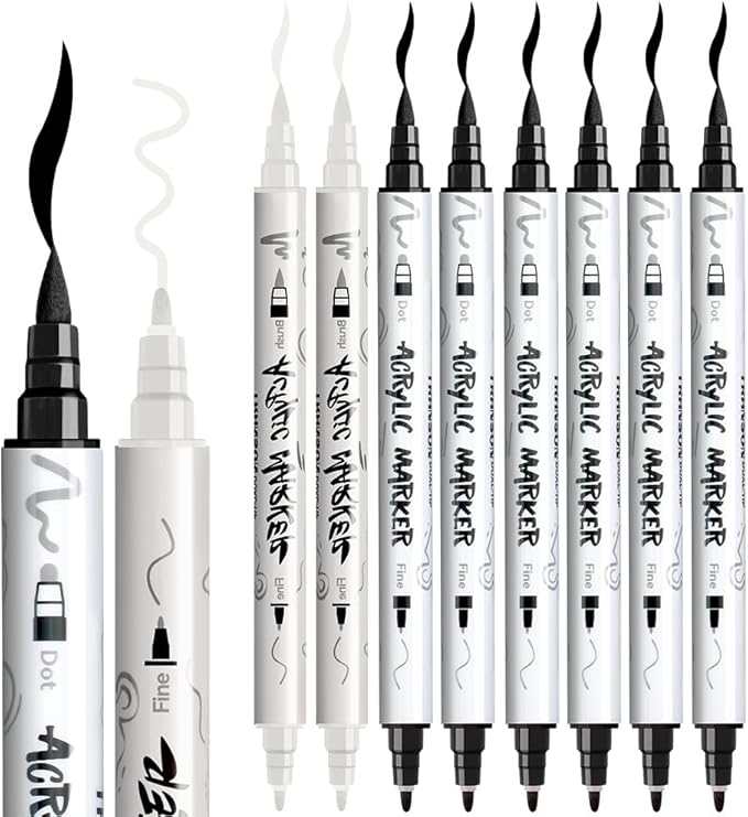 TRANSON 6 Black and 2 White Paint Markers Brush and Fine Dual-tip Acrylic Paint - Image 6