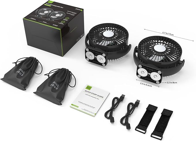 Minthouz Magnetic Golf Cart Fan, Rechargeable 12000mAh Fan, 3-Speed 360° Rotation, Timer Function, LED Lighting, Magnetic Base & Strap, Compatible with EZGO, Club Car, Yamaha Golf Carts