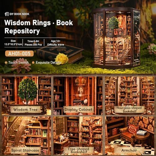 Cylinder 2-Story Book Nook Kit with Spiral Staircase, Open-Front Miniature Library, Wooden DIY Bookshelf Insert for Creative Adults & Home Décor